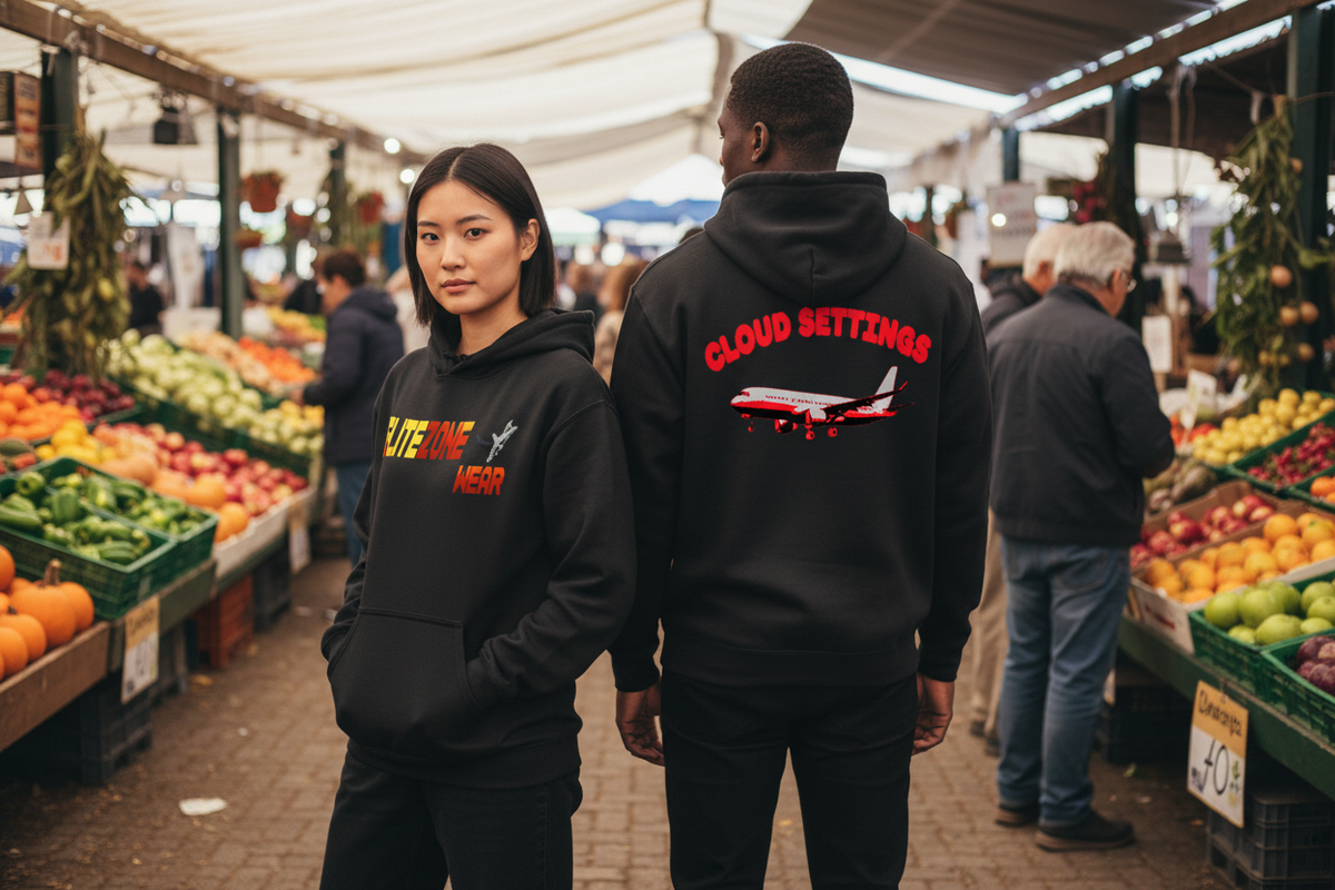 Lifestyle image showing the hoodie front and back at a farmers market