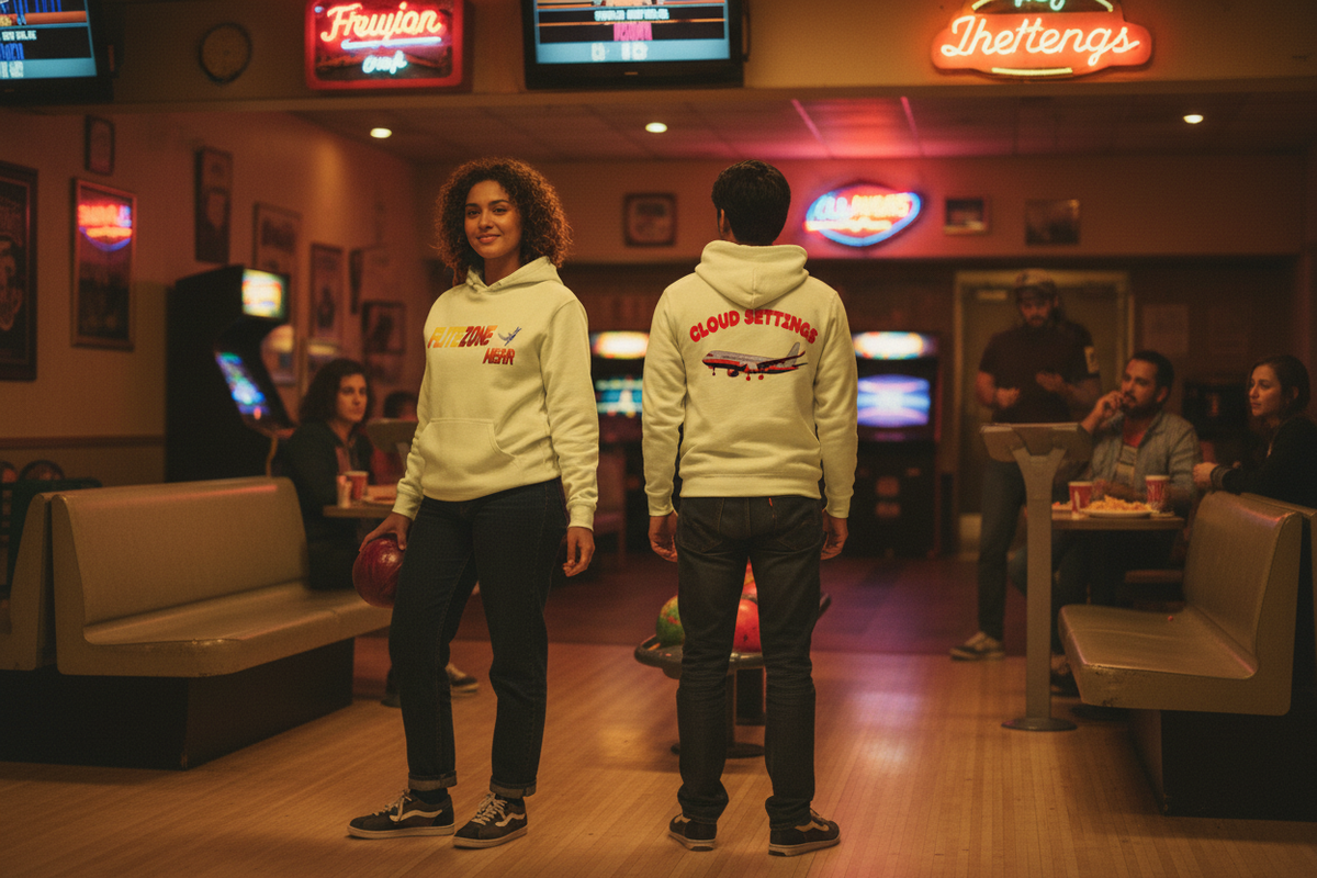 Lifestyle image showing the hoodie front and back in a bowling alley