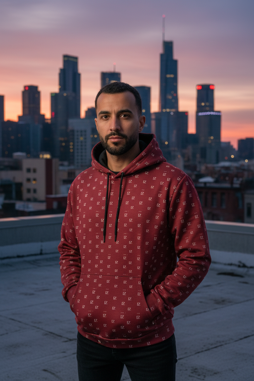 Male front - Burgundy FZ monogram hoodie