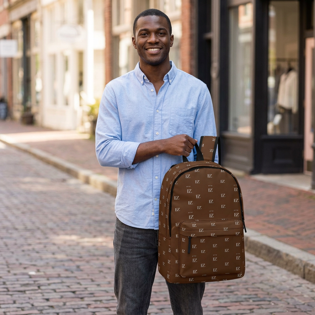 Male model carrying the brown backpack on a historic street