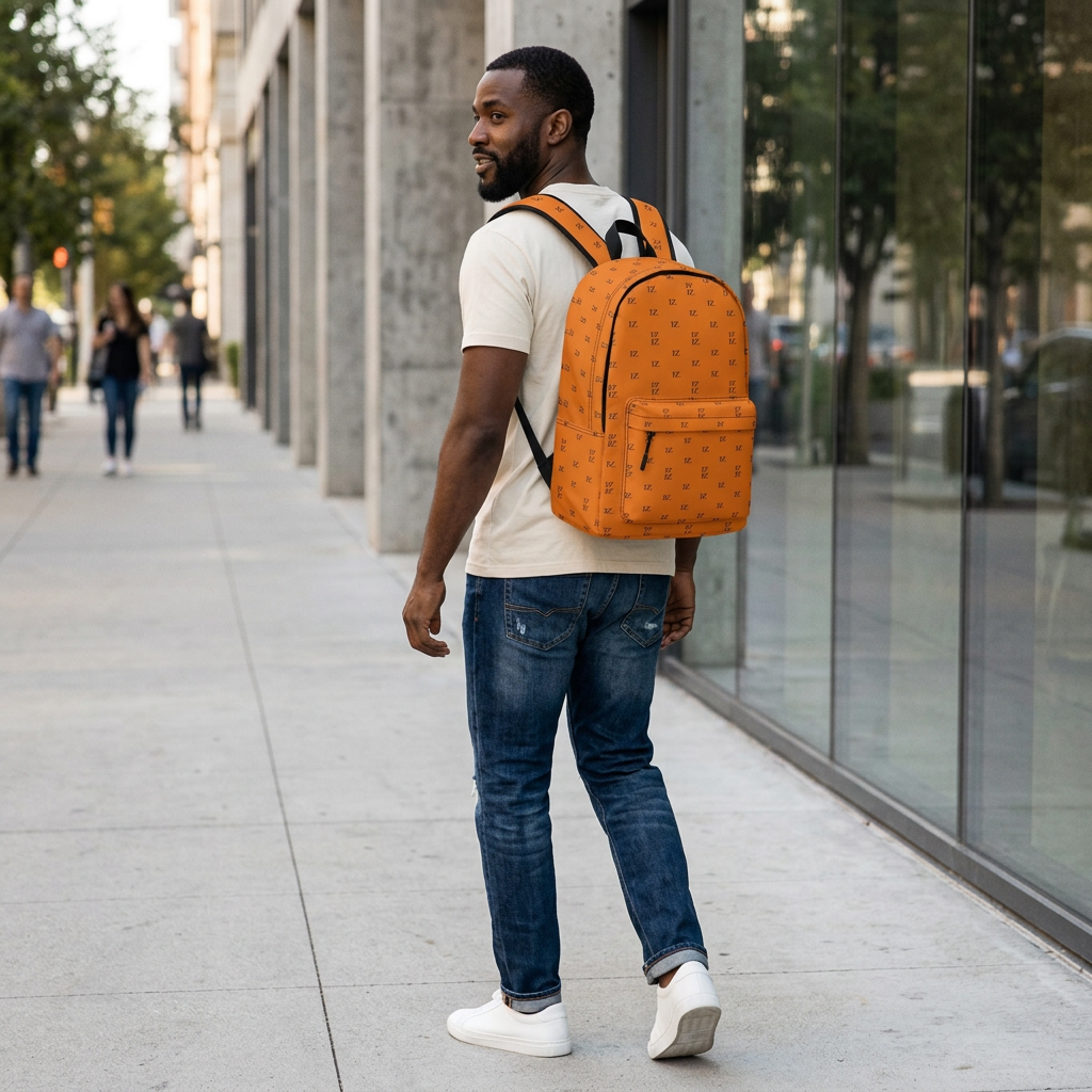 Male model carrying the orange backpack in a city setting