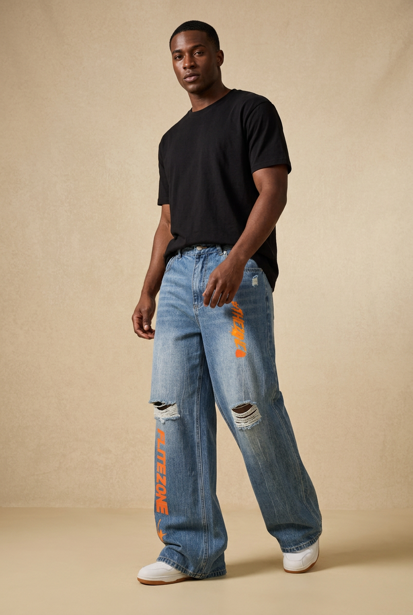 Male model in original orange-graphic denim with reference-inspired wide flowing fit