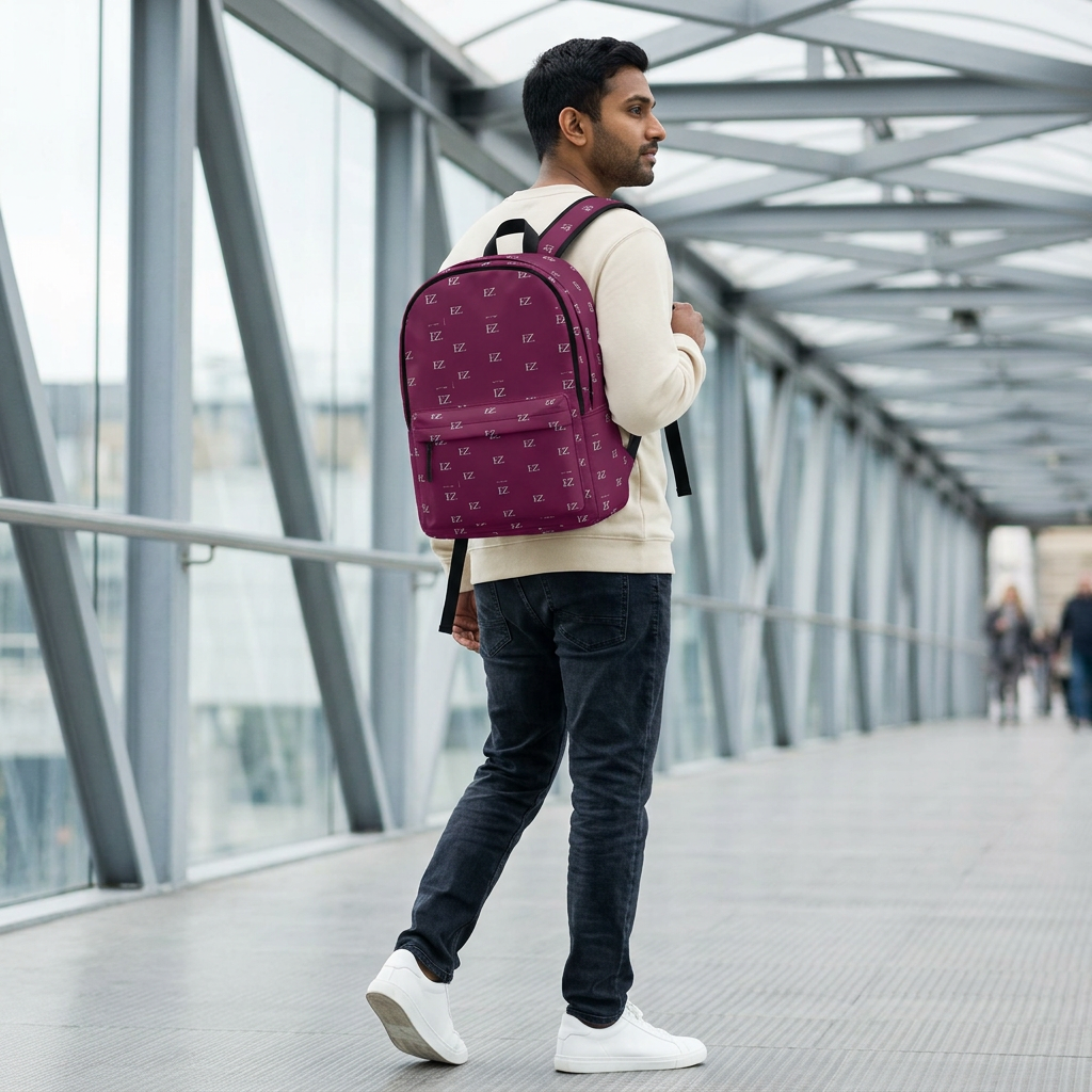 Male model wearing the plum backpack on a pedestrian bridge