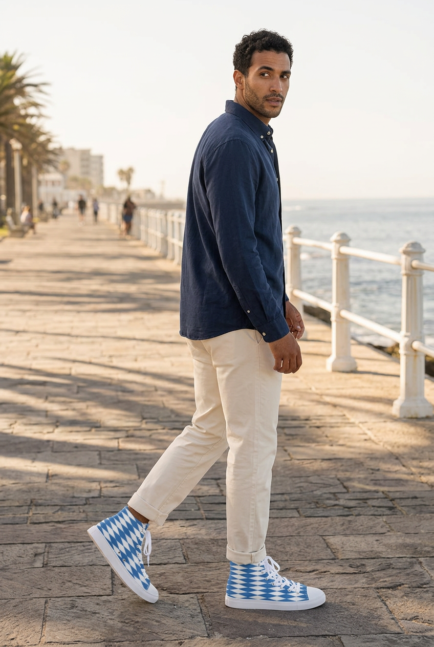 Middle Eastern male model on a coastal promenade