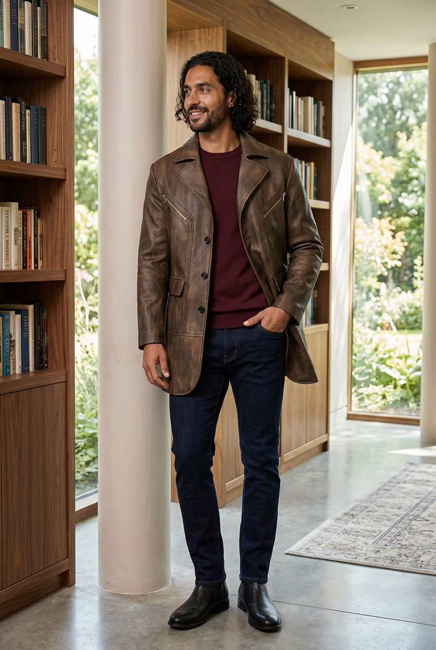 Middle Eastern male model wearing the distressed brown coat in an architectural library