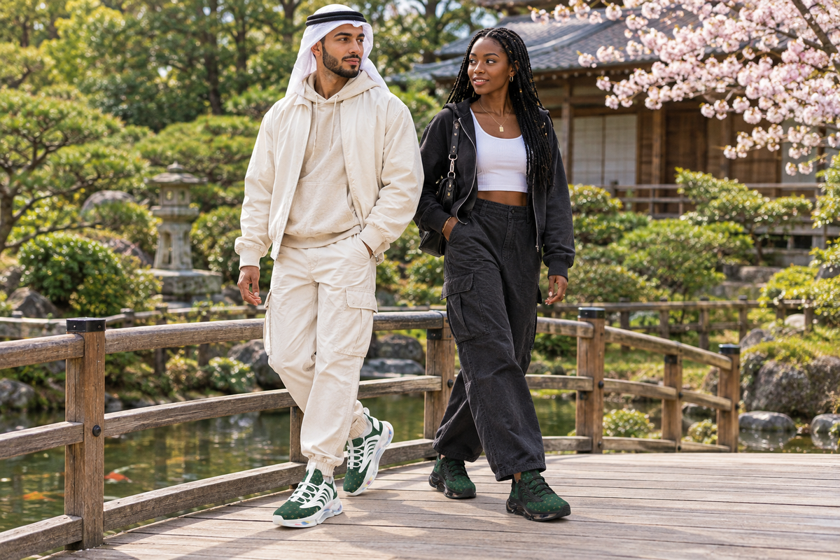 Middle Eastern man and Black woman on a Japanese garden footbridge in the green Z-logo sneakers