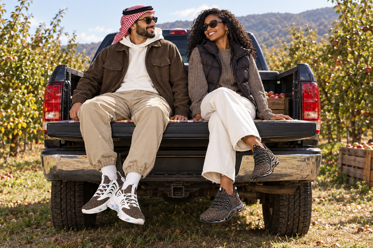 Middle Eastern man and Black woman on a pickup tailgate at an orchard in the brown Z-logo sneakers