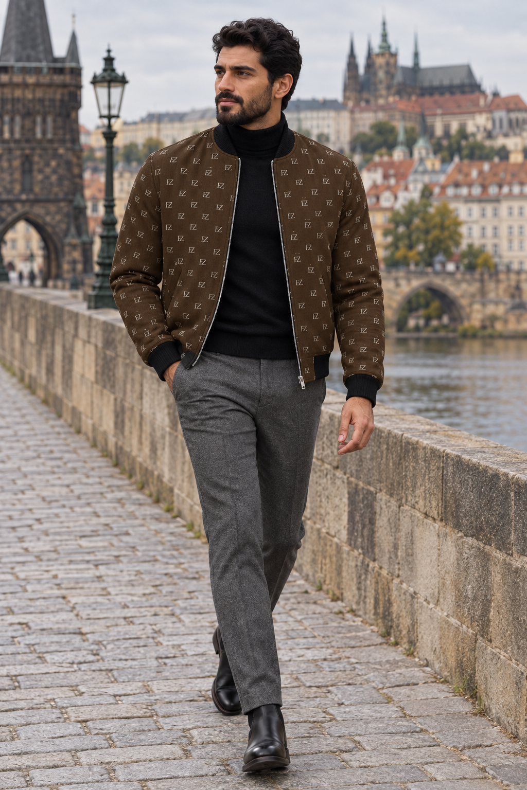 Middle Eastern man in the brown FZ bomber crossing a stone bridge