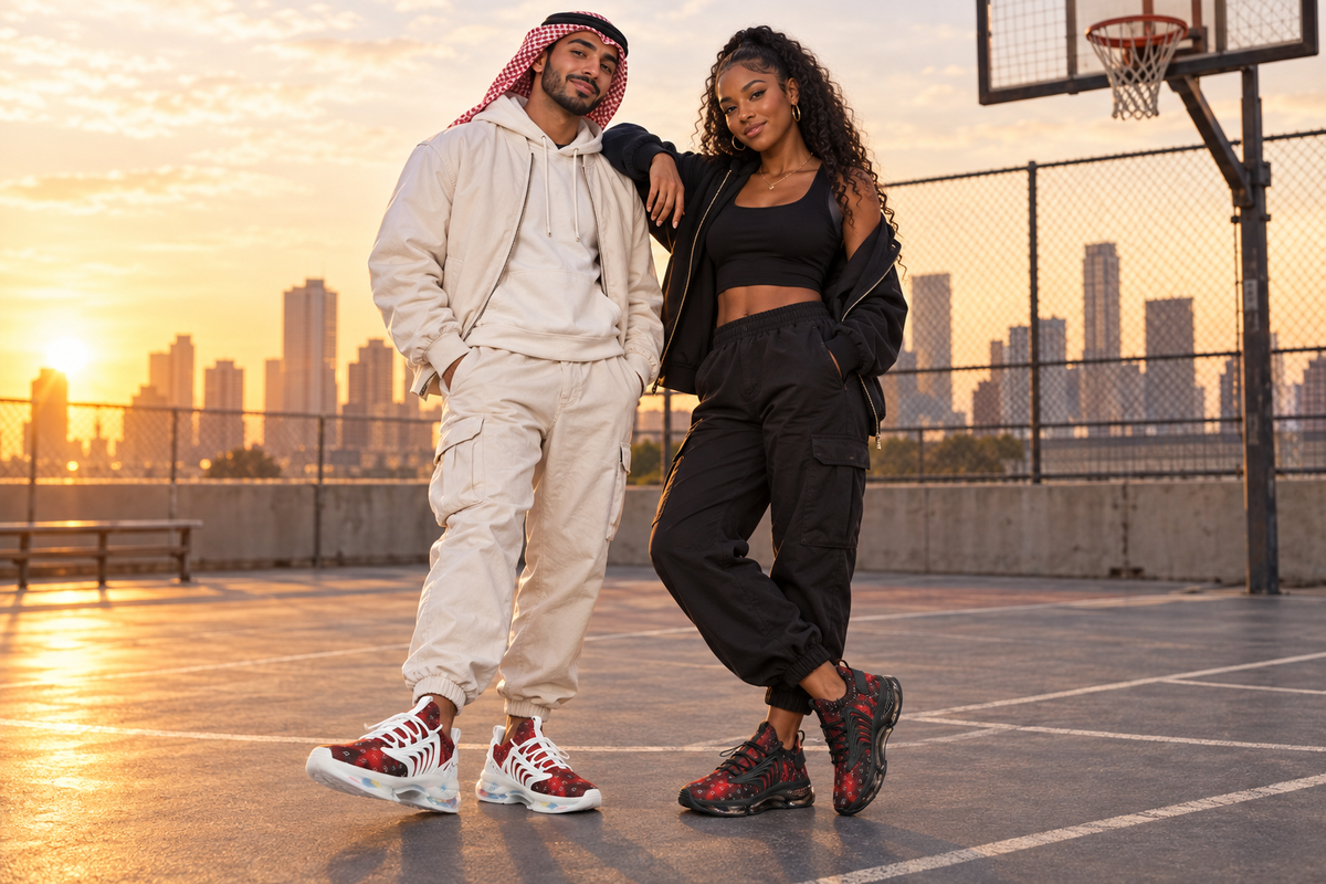Middle Eastern man in white sneakers and Black woman in black sneakers on a rooftop basketball court