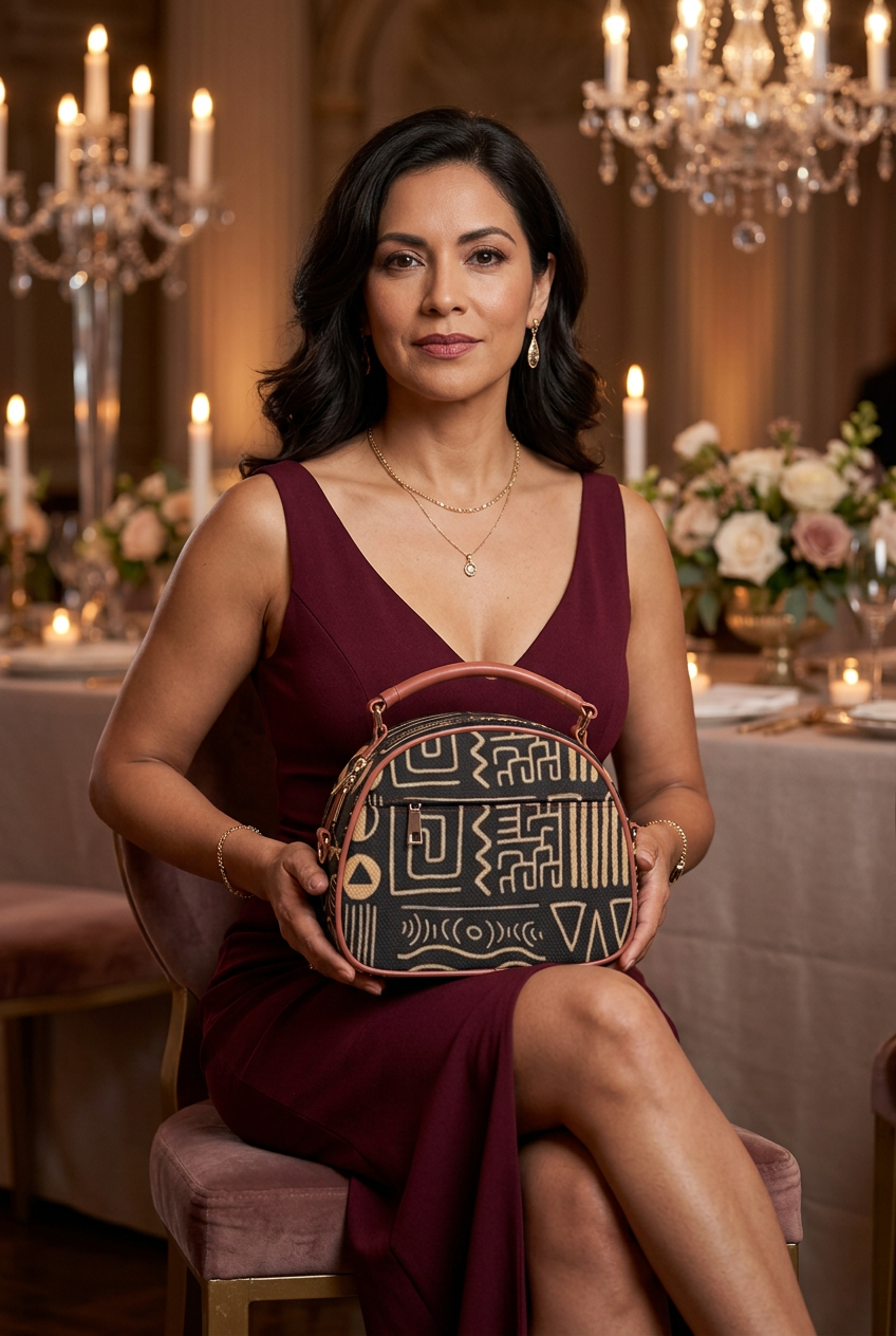 Mini handbag resting in the model’s lap at a reception