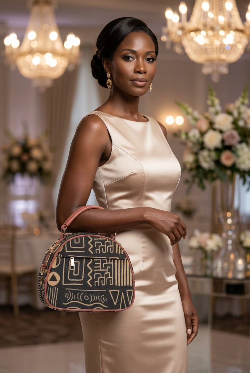 Mini handbag worn over the forearm at a gala