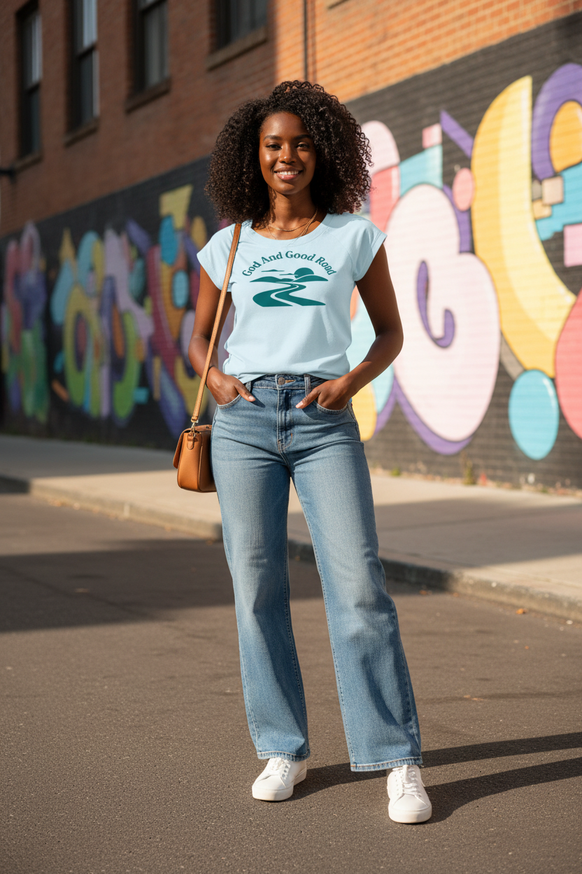 Model in urban mural setting