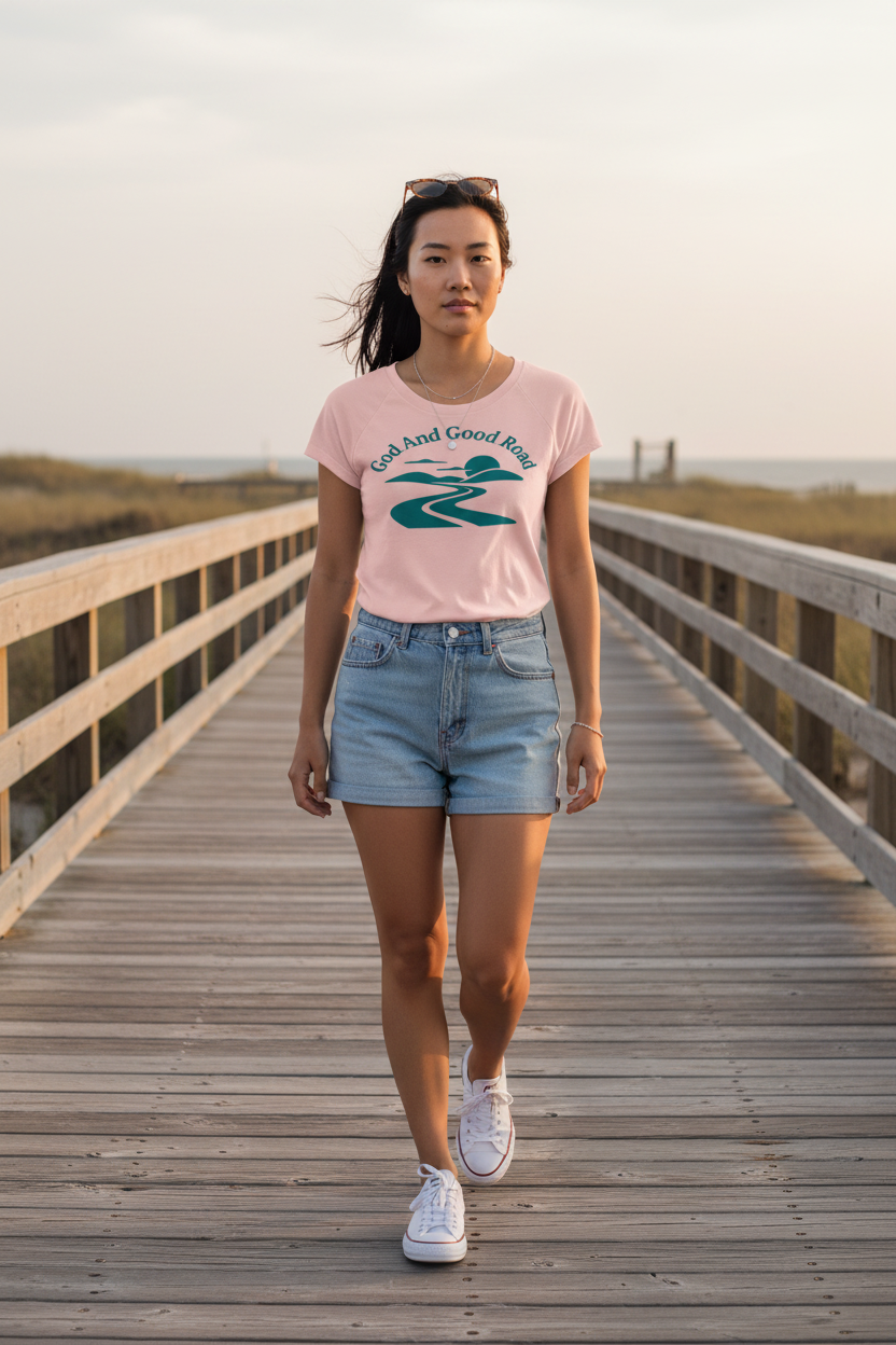 Model on coastal boardwalk