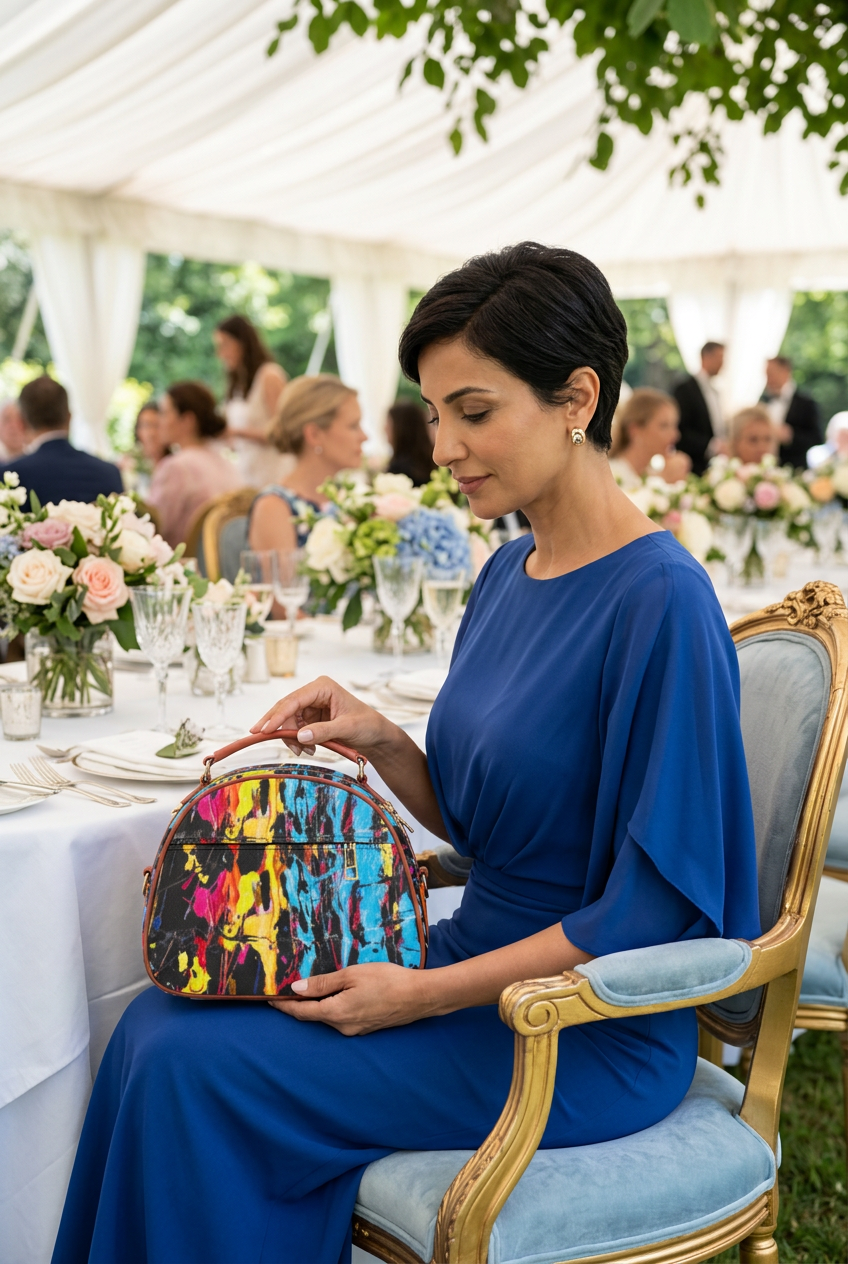 Paint-splash mini handbag at a garden luncheon