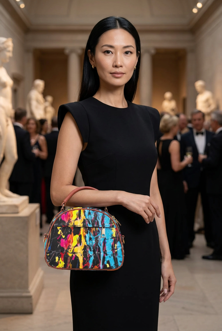 Paint-splash mini handbag at a museum benefit