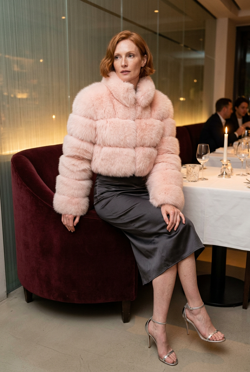 Pink cropped fur coat at a candlelit dinner