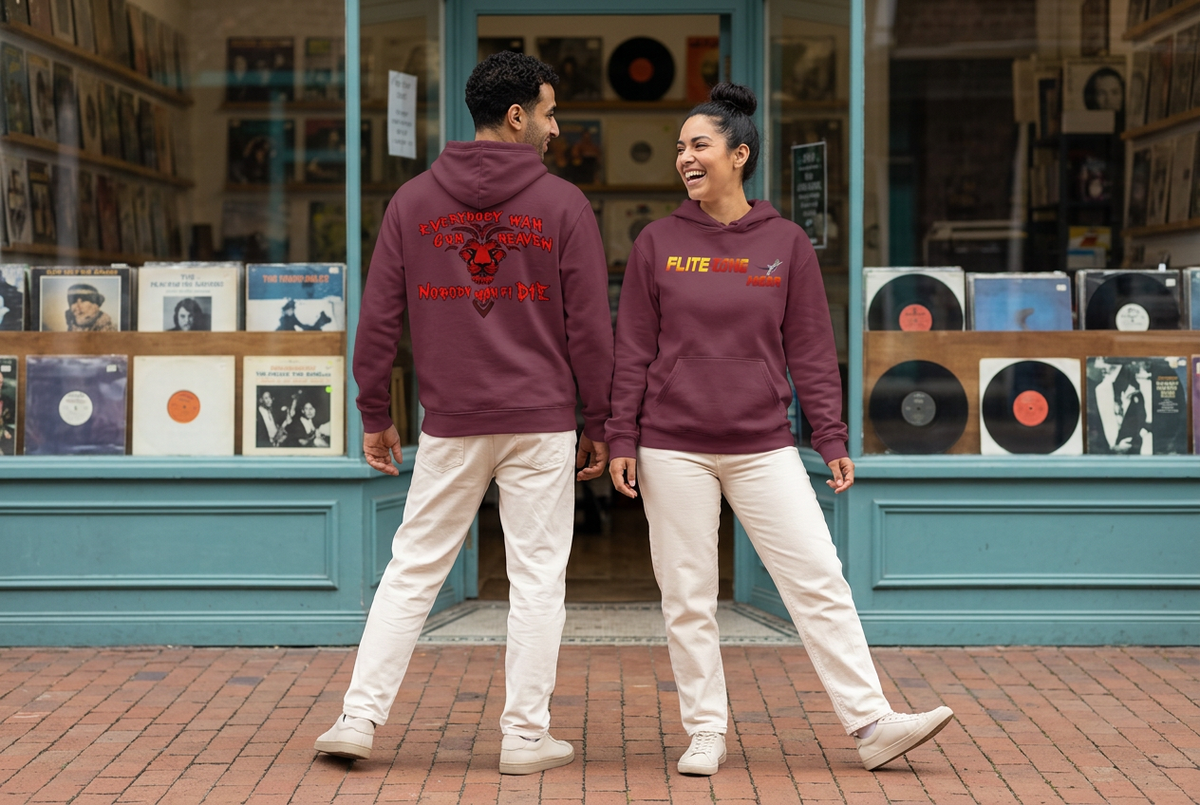 Playful record-shop scene with a Latina woman showing the burgundy hoodie front and a Middle Eastern man showing the back