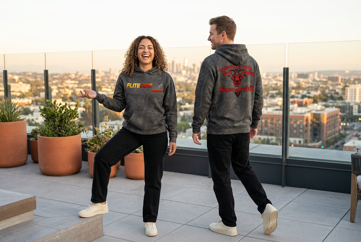 Playful rooftop shot with a Latina woman showing the hoodie front and a white man showing the back