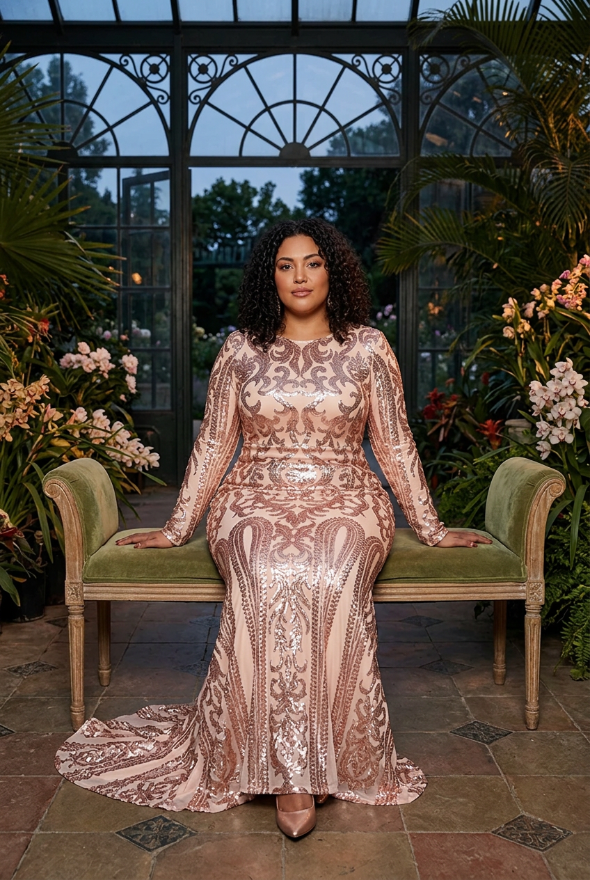 Plus-size Latina model seated in a grand conservatory