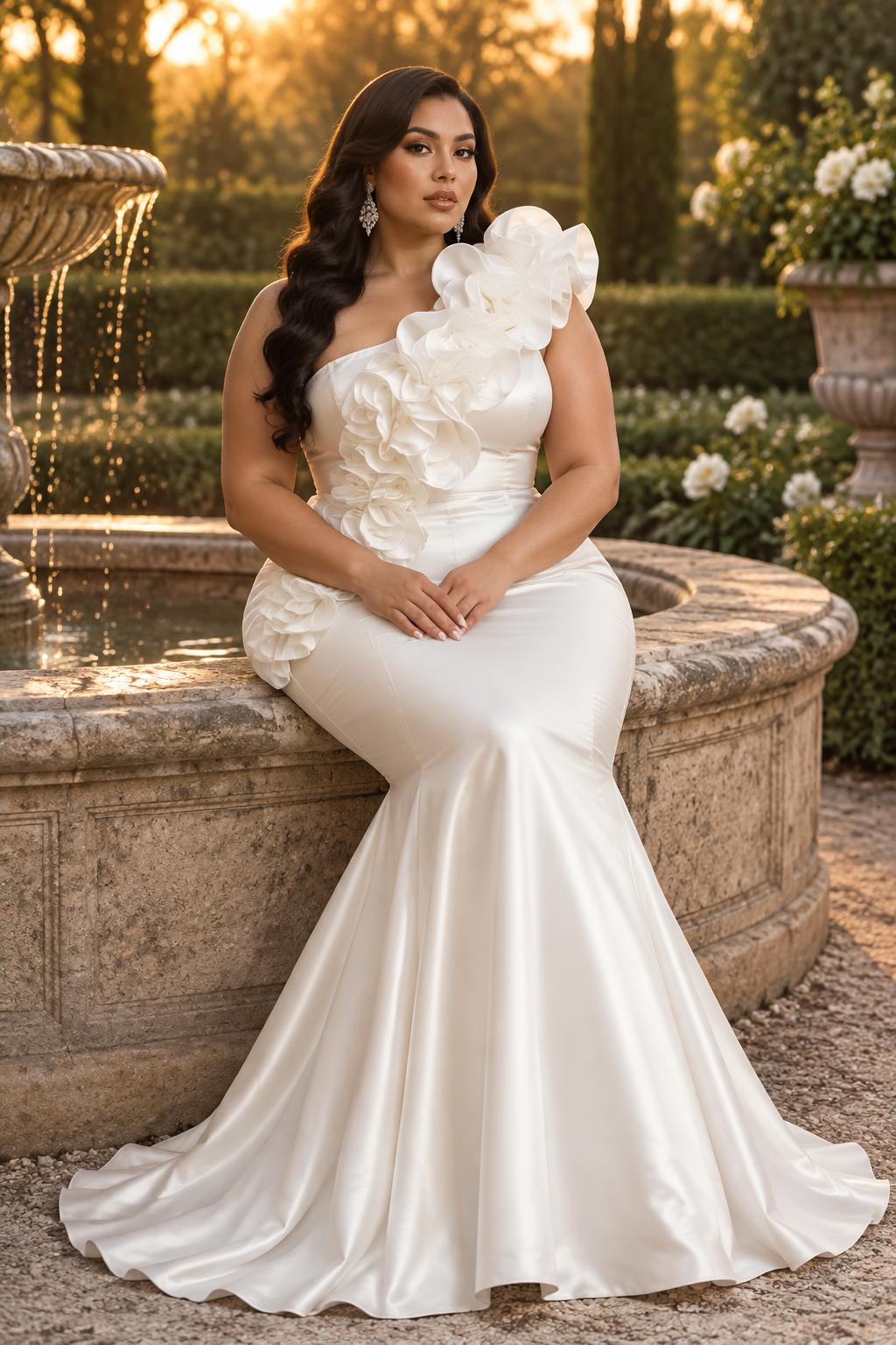 Plus-size Latina model seated on a garden fountain in the ivory ruffle gown