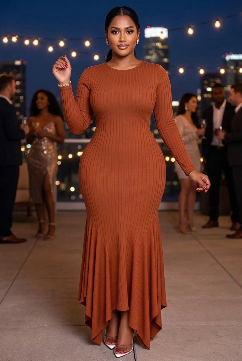 Plus-size South Asian model at a rooftop celebration
