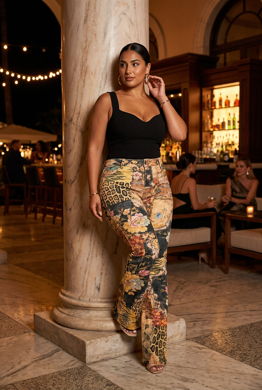 Printed denim pants with black sweetheart top