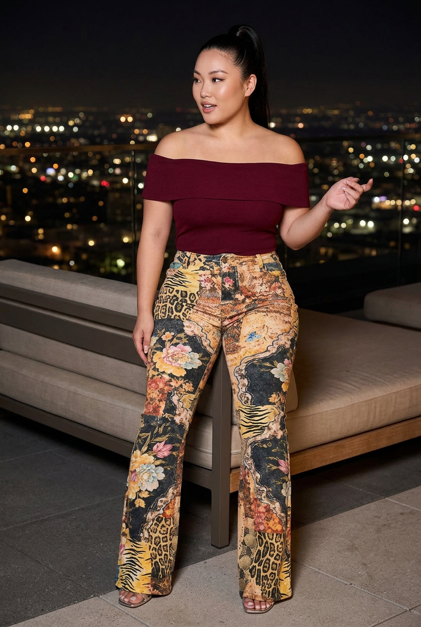 Printed denim pants with burgundy off-shoulder top