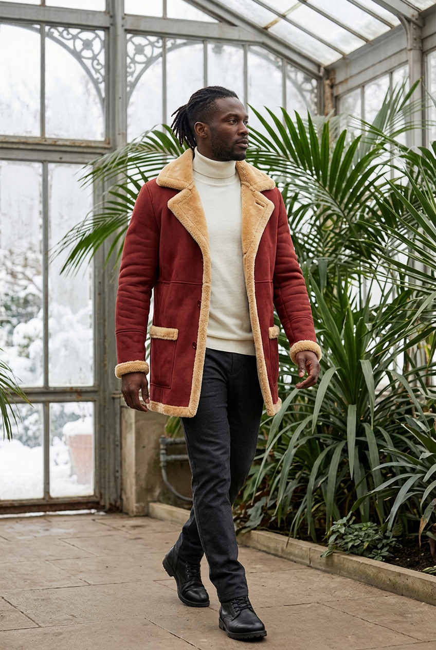 Red coat styled in a winter greenhouse