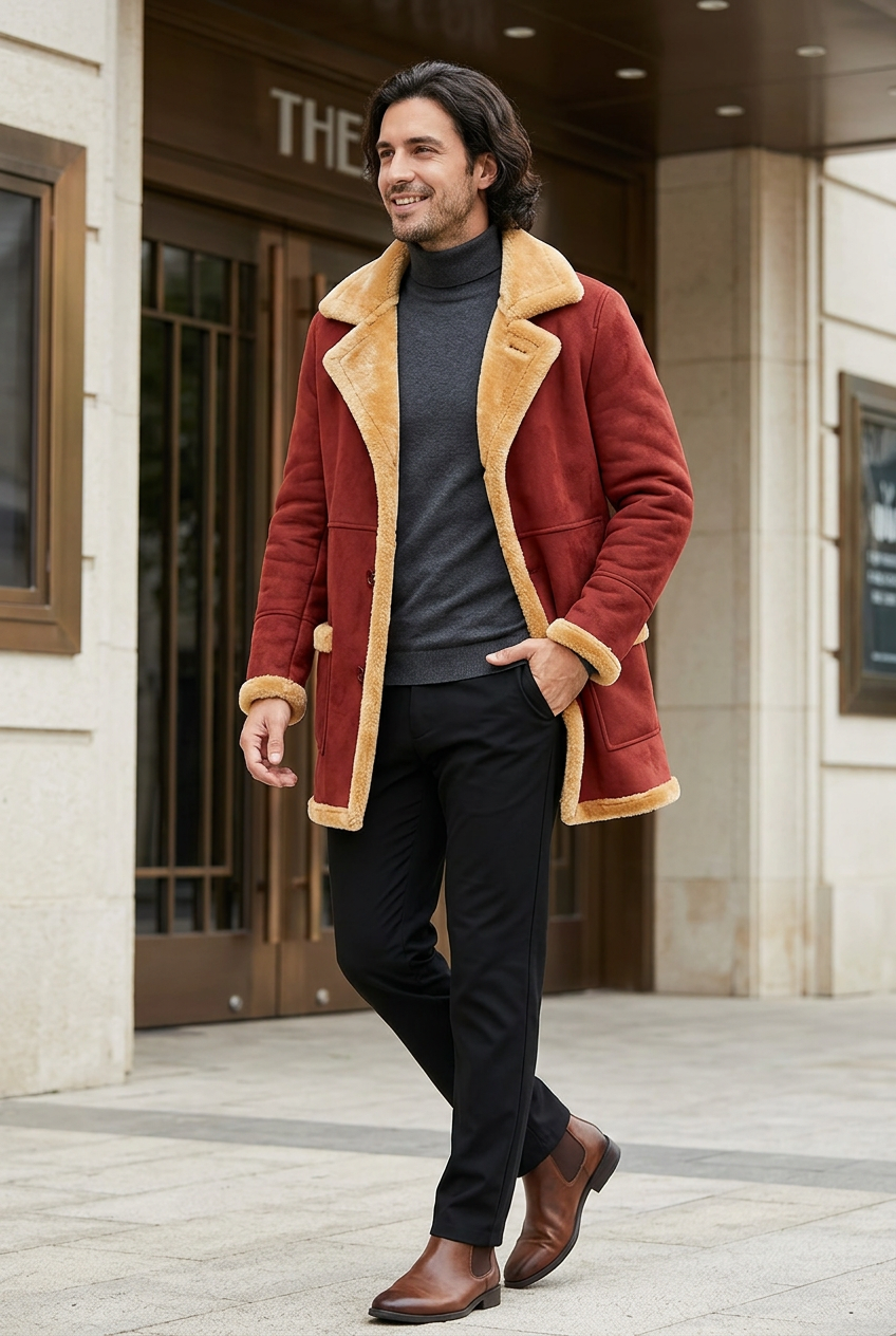 Red coat styled outside a contemporary theater