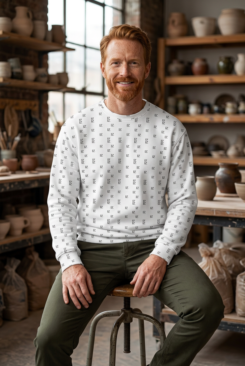 Red-haired white man seated in a ceramics studio