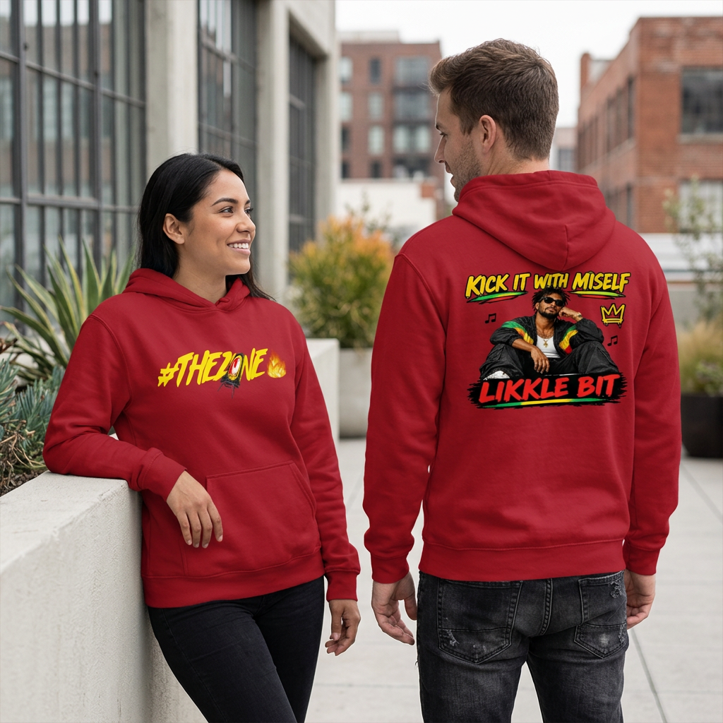 Red hoodie lifestyle image with woman showing the front and man showing the back in an arts-district setting