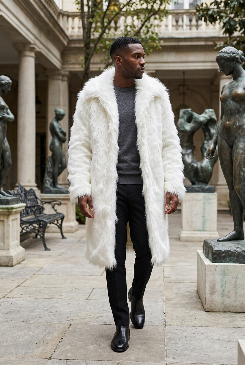 Replacement white-coat look in a sculpture courtyard