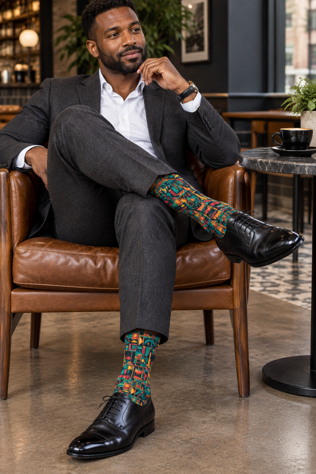Seated café look with black dress shoes