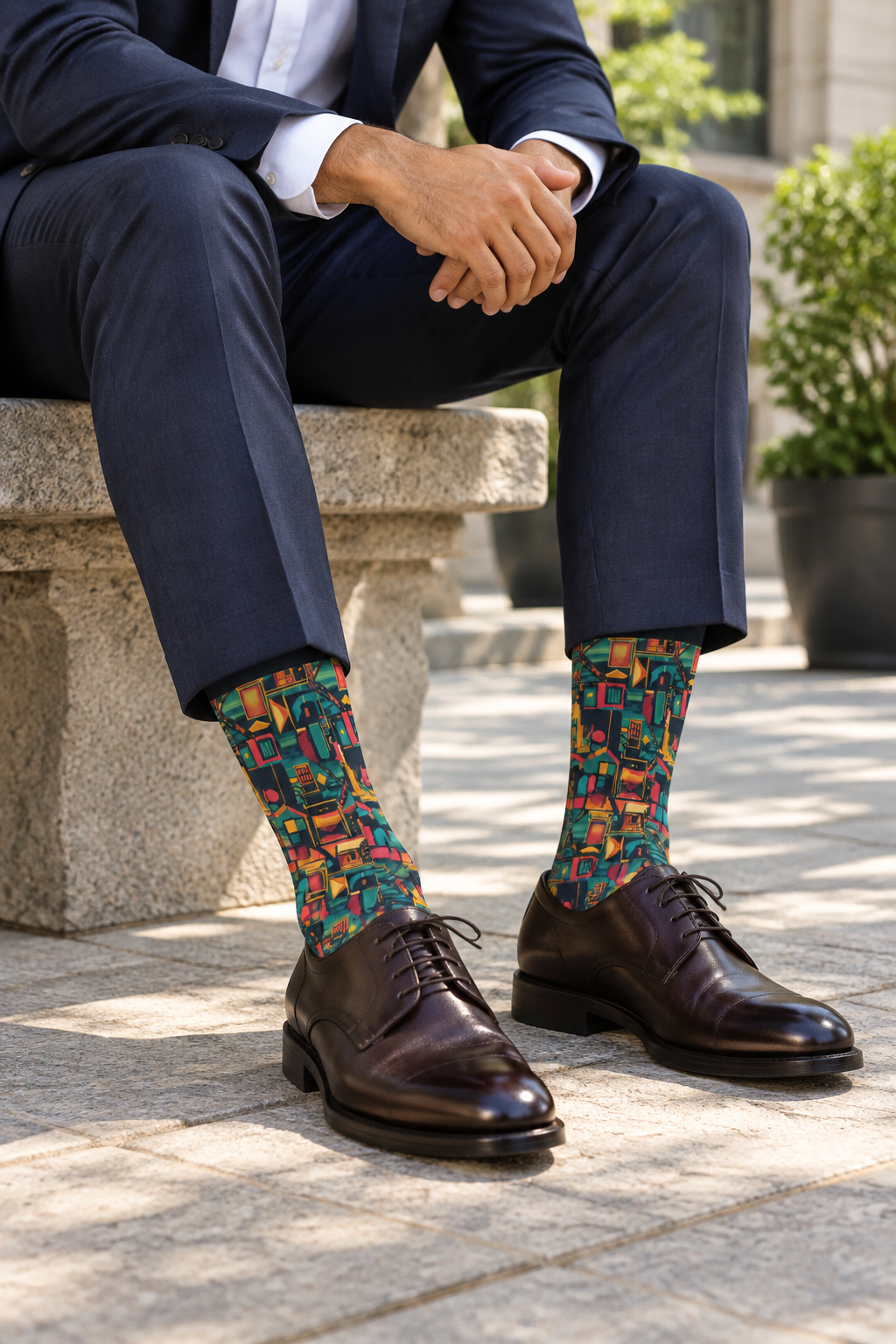 Seated courtyard look with brown dress shoes