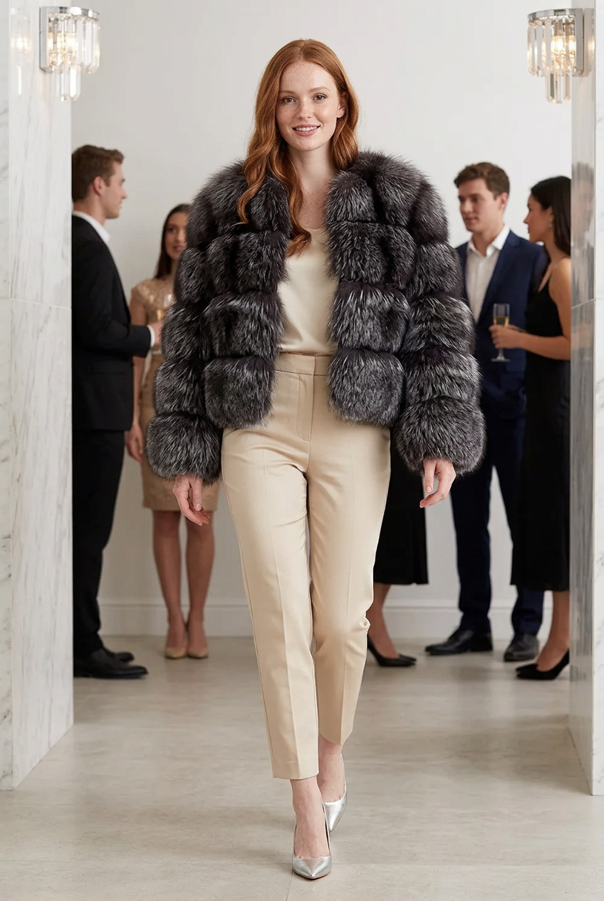 Silver-tipped dark fur jacket at a gala