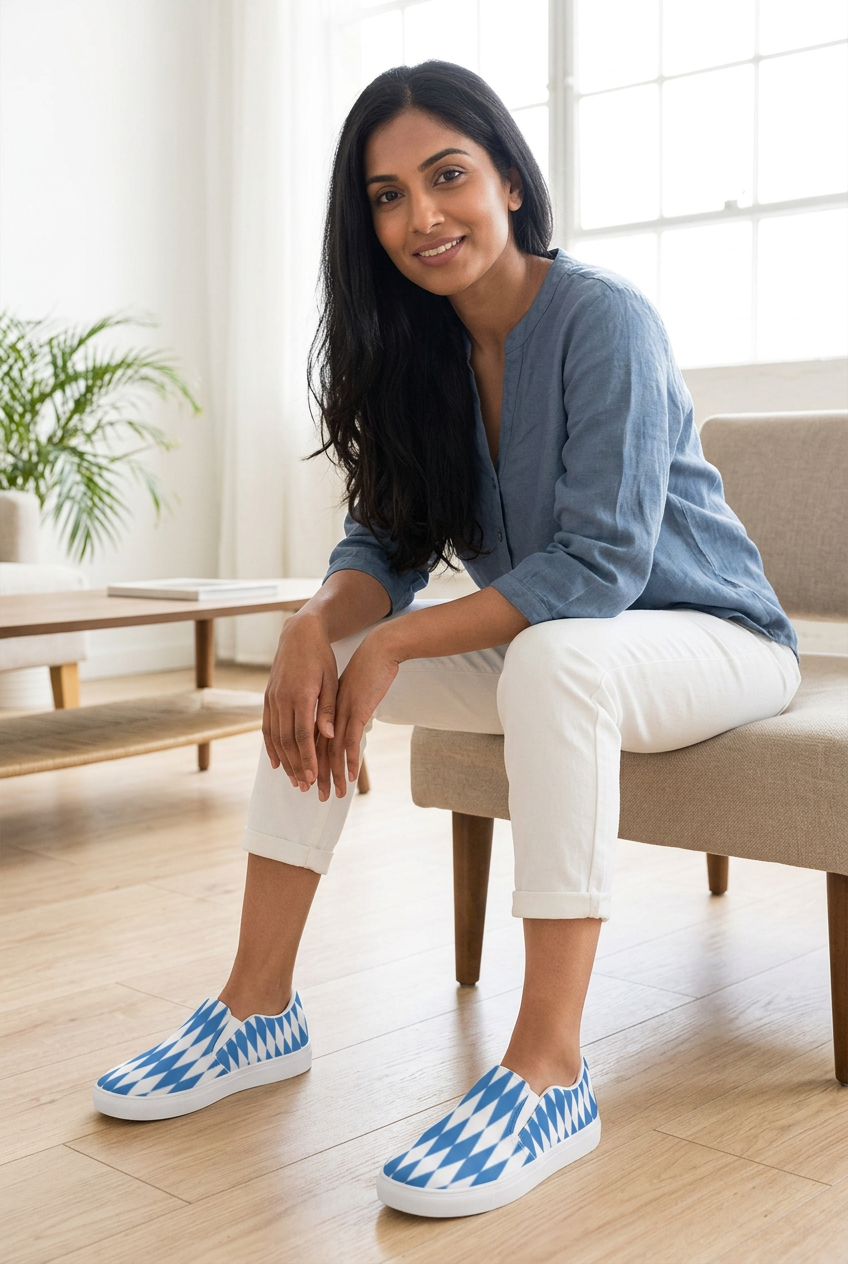 South Asian female model seated in a bright loft