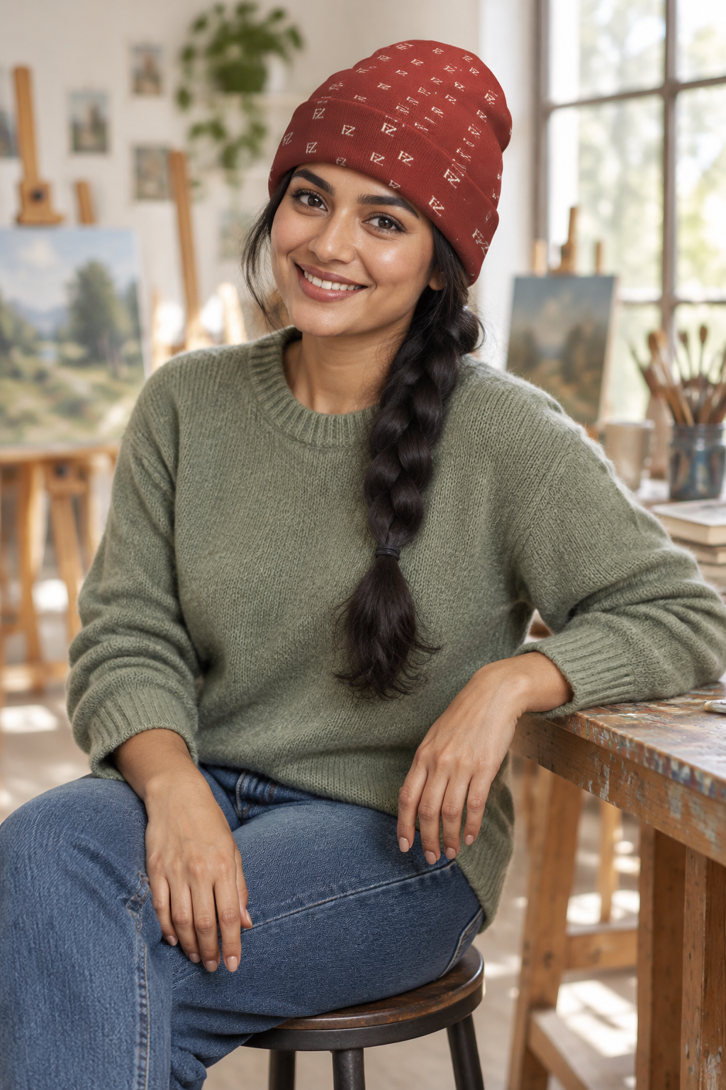 South Asian female model seated sideways in an artist studio