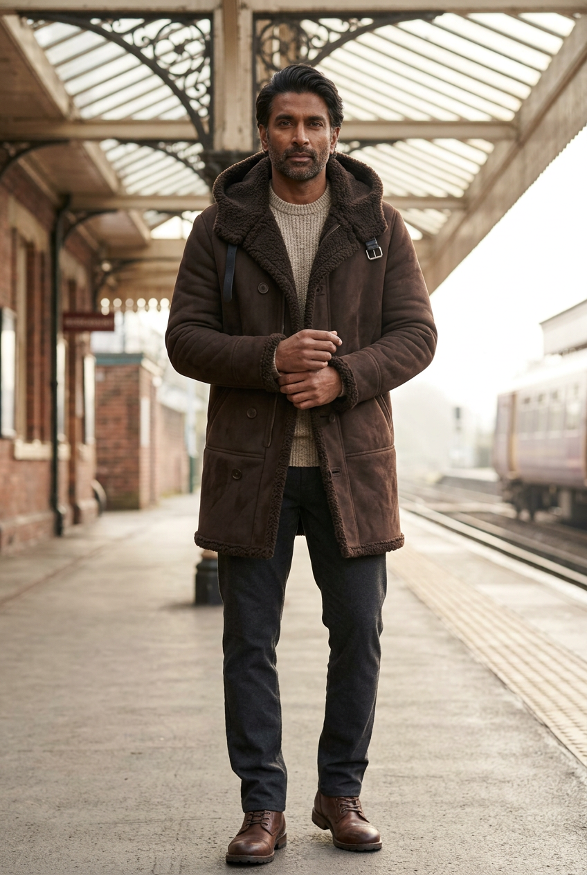 South Asian male model adjusting his cuff on a railway platform