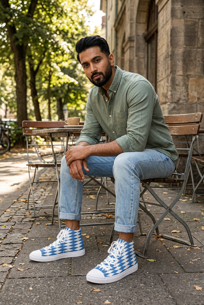 South Asian male model seated at a leafy café