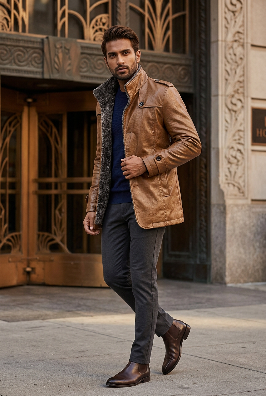 South Asian male model wearing the brown PU leather jacket outside an Art Deco hotel