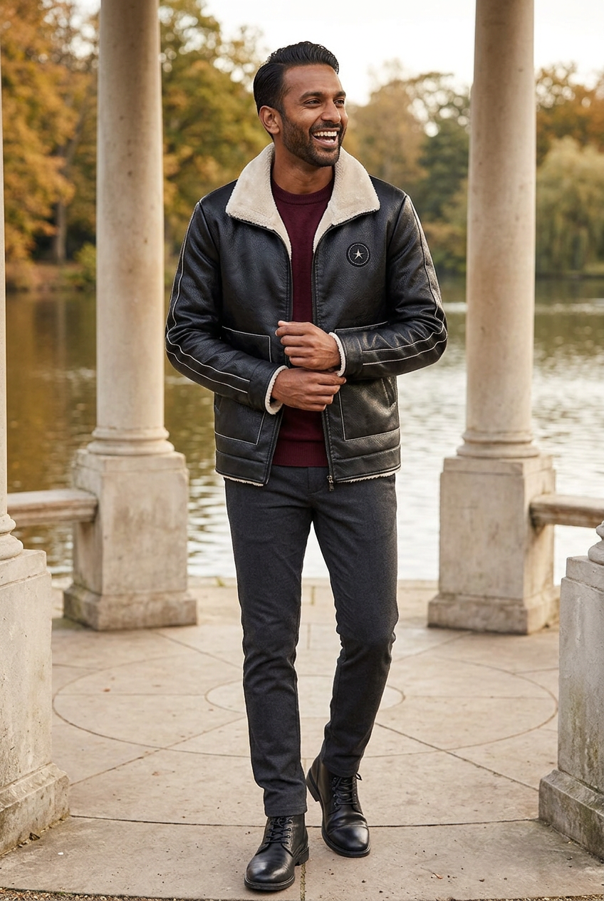 South Asian male model wearing the cream-collar black jacket at a lakeside pavilion