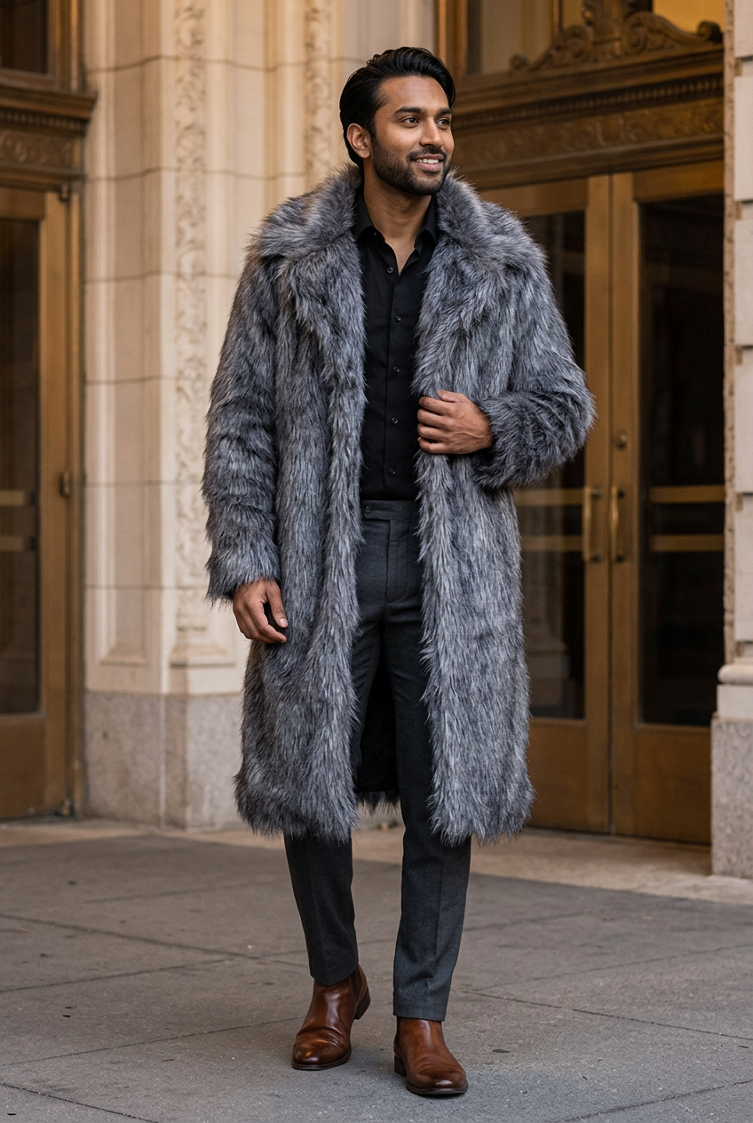 South Asian male model wearing the dark-gray coat outside a historic theater