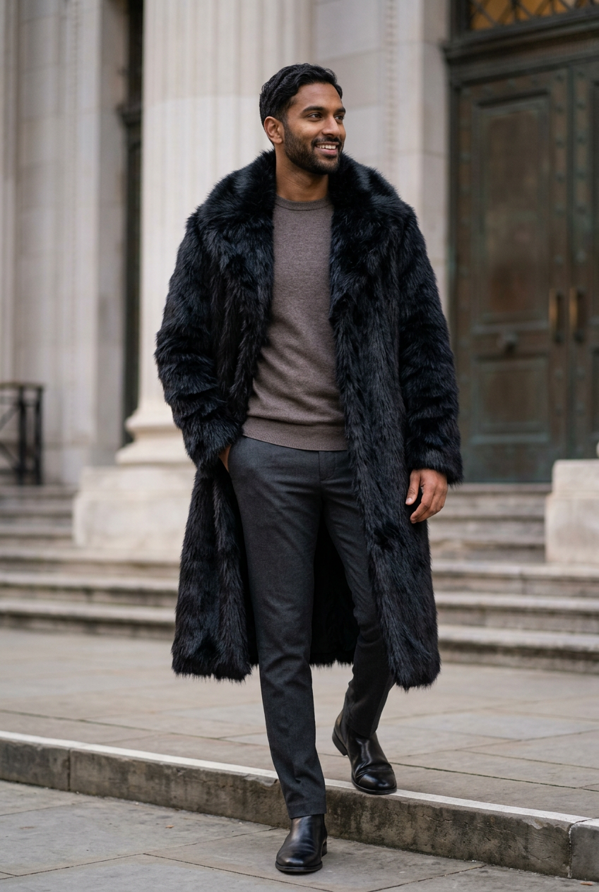 South Asian male model wearing the long black coat outside a historic concert hall