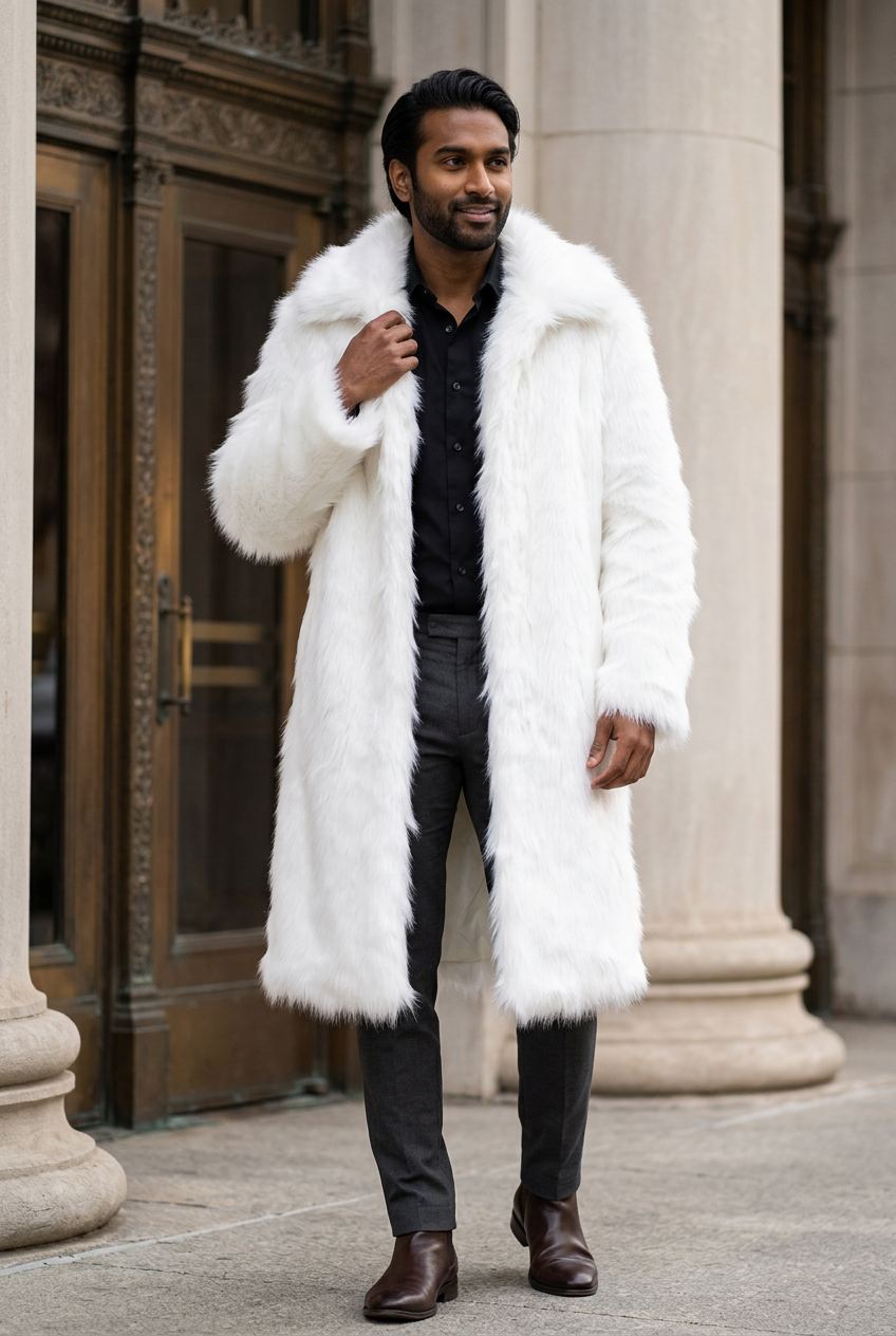 South Asian male model wearing the long white coat outside a historic theater