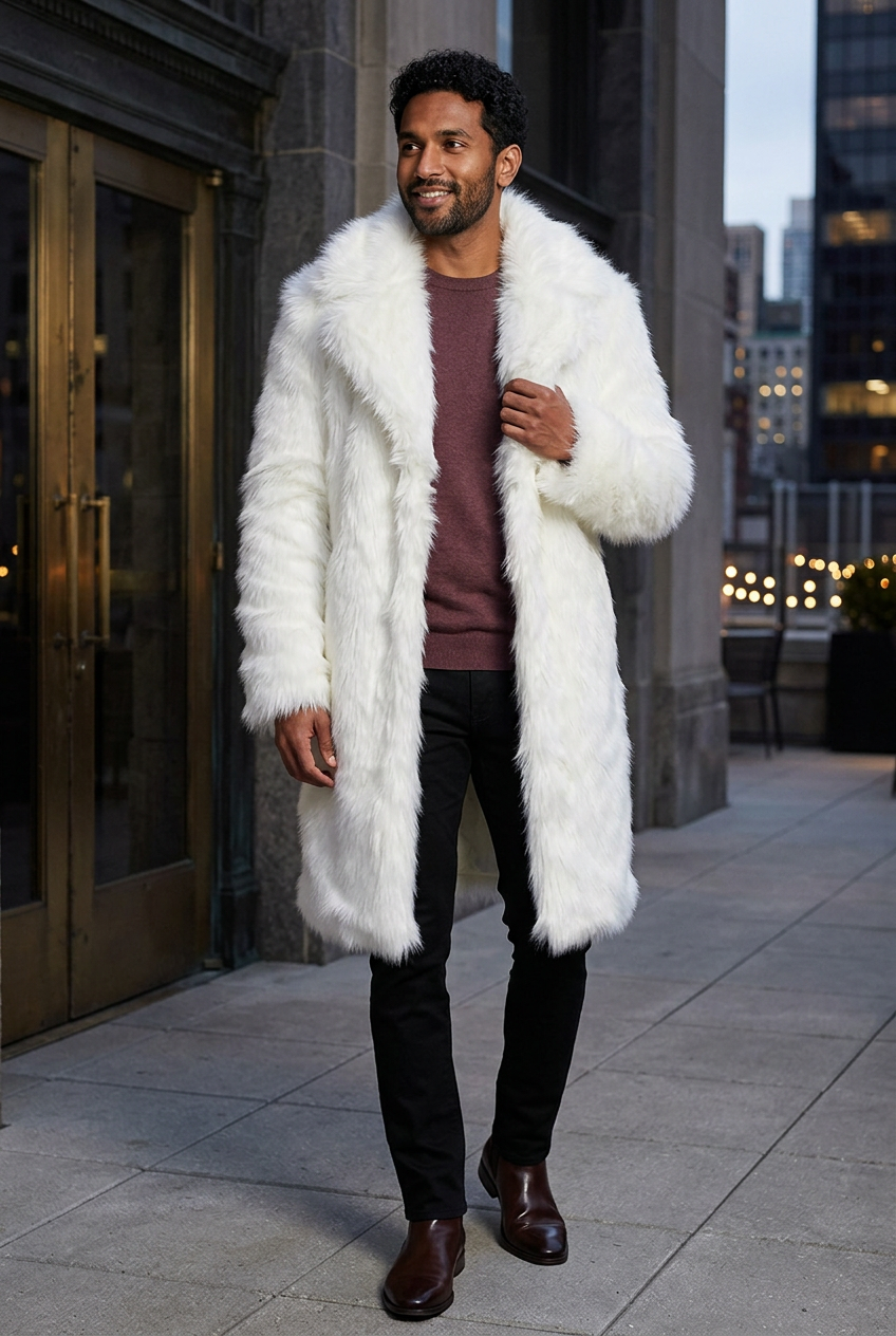 South Asian male model wearing the white knee-length coat on an evening rooftop terrace