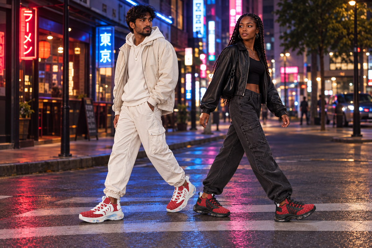 South Asian man and Black woman crossing a neon-lit street at night in the red Z-logo sneakers