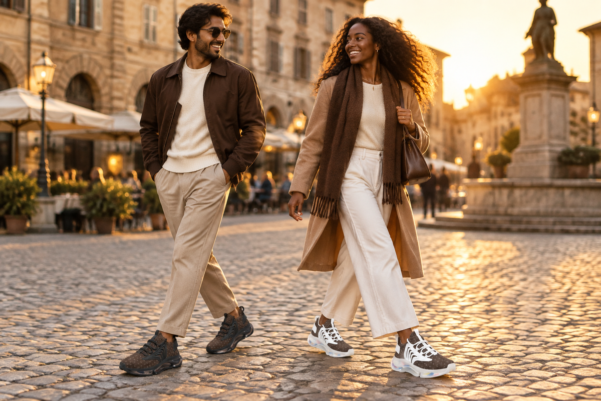 South Asian man and Black woman in a cobblestone square at golden hour in the brown Z-logo sneakers
