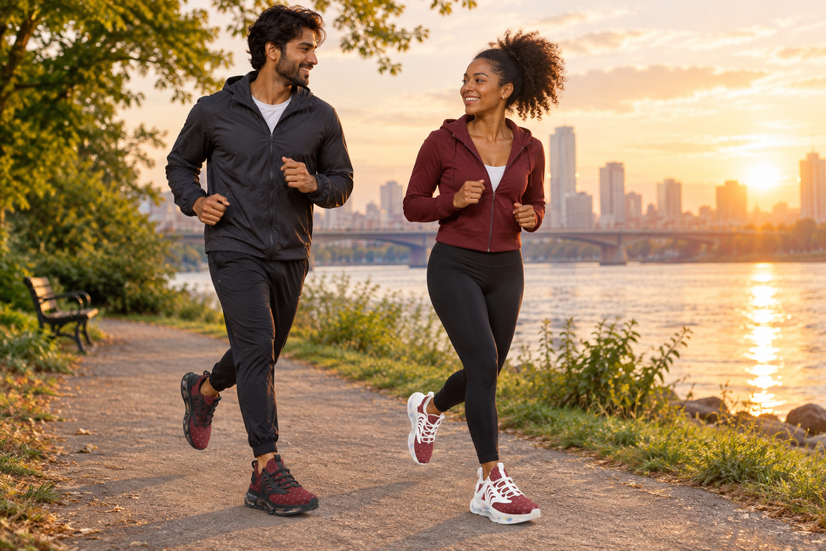South Asian man and Black woman jogging a riverside trail in burgundy sneakers