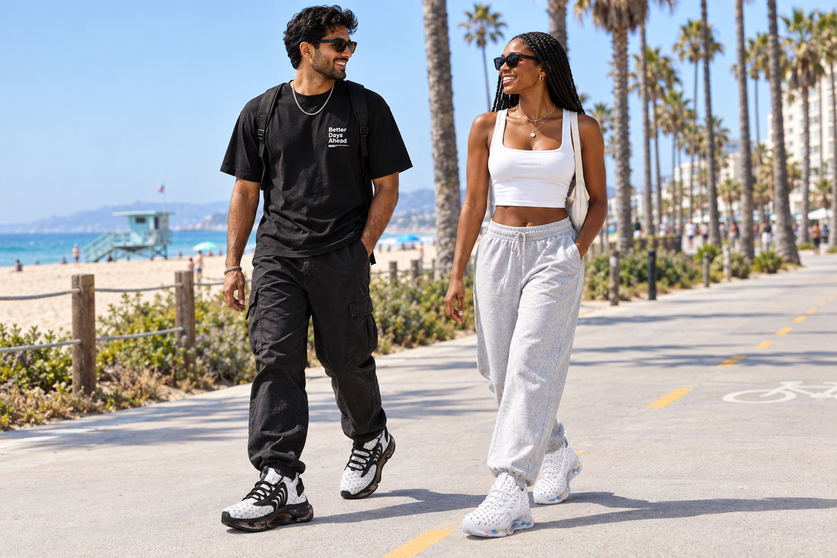 South Asian man and Black woman on a beachfront bike path in the white Z-logo sneakers