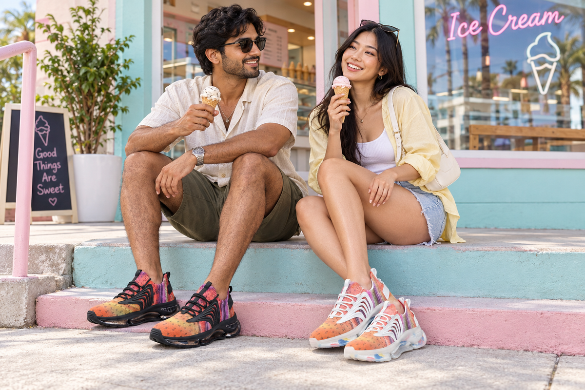 South Asian man and East Asian woman outside a pastel ice cream shop in the sunset sneakers